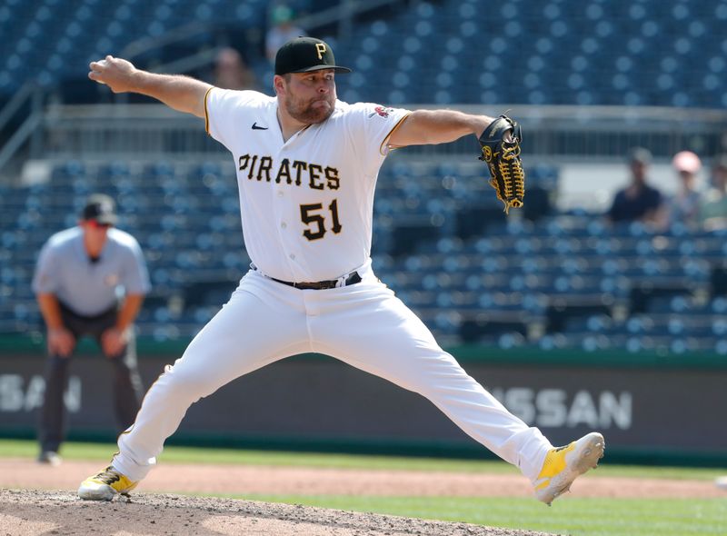 Sep 6, 2023; Pittsburgh, Pennsylvania, USA;  Pittsburgh Pirates relief pitcher David Bednar (51) pitches against the Milwaukee Brewers during the ninth inning at PNC Park. Pittsburgh won 5-4. Mandatory Credit: Charles LeClaire-USA TODAY Sports