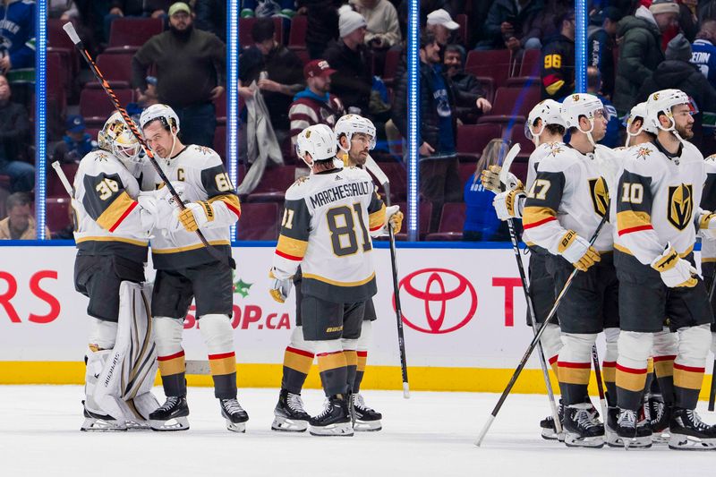 Nov 30, 2023; Vancouver, British Columbia, CAN; The Vegas Golden Knights celebrate their victory against the Vancouver Canucks at Rogers Arena. Vegas won 4-1. Mandatory Credit: Bob Frid-USA TODAY Sports