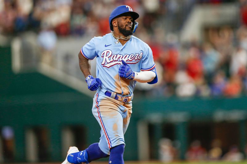 Aug 6, 2023; Arlington, Texas, USA; Texas Rangers right fielder Adolis Garcia (53) hits a home run during the eighth inning against the Miami Marlins at Globe Life Field. Mandatory Credit: Andrew Dieb-USA TODAY Sports