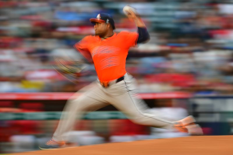 Jun 7, 2024; Anaheim, California, USA; Houston Astros pitcher Framber Valdez (59) throws against the Los Angeles Angels during the third inning at Angel Stadium. Mandatory Credit: Gary A. Vasquez-USA TODAY Sports