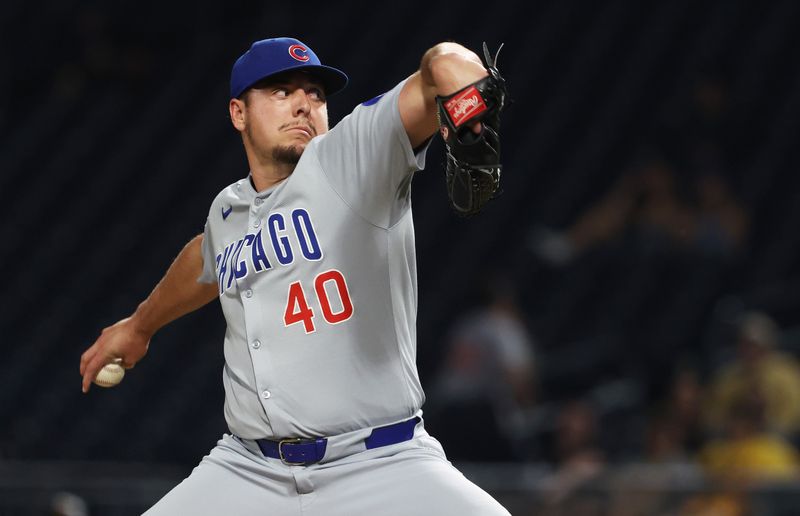 Sep 16, 2025; Pittsburgh, Pennsylvania, USA;  Chicago Cubs relief pitcher Brad Keller (40) pitches against the Pittsburgh Pirates during the ninth inning at PNC Park. Mandatory Credit: Charles LeClaire-Imagn Images