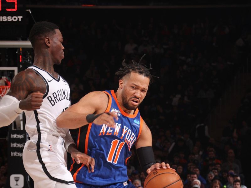 NEW YORK, NY - MARCH 23: Jalen Brunson #11 of the New York Knicks handles the ball during the game against the Brooklyn Nets on March 23, 2024 at Madison Square Garden in New York City, New York.  NOTE TO USER: User expressly acknowledges and agrees that, by downloading and or using this photograph, User is consenting to the terms and conditions of the Getty Images License Agreement. Mandatory Copyright Notice: Copyright 2024 NBAE  (Photo by Nathaniel S. Butler/NBAE via Getty Images)