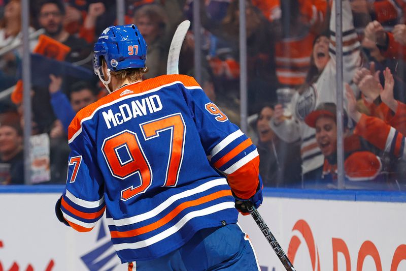 Nov 26, 2023; Edmonton, Alberta, CAN; Edmonton Oilers forward Connor McDavid (97) celebrates after scoring a goal against the Anaheim Ducks during the first period at Rogers Place. Mandatory Credit: Perry Nelson-USA TODAY Sports