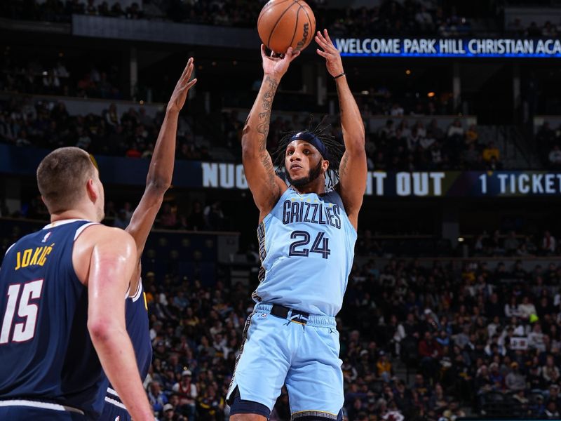 DENVER, CO - MARCH 25: Lamar Stevens #24 of the Memphis Grizzlies shoots the ball during the game against the Denver Nuggets on March 25, 2024 at the Ball Arena in Denver, Colorado. NOTE TO USER: User expressly acknowledges and agrees that, by downloading and/or using this Photograph, user is consenting to the terms and conditions of the Getty Images License Agreement. Mandatory Copyright Notice: Copyright 2024 NBAE (Photo by Garrett Ellwood/NBAE via Getty Images)