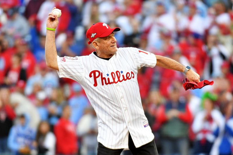 Oct 23, 2023; Philadelphia, Pennsylvania, USA; Philadelphia Phillies former player Larry Bowa throws the ceremonial first pitch before in game six of the NLCS for the 2023 MLB playoffs between the Philadelphia Phillies and the Arizona Diamondbacks at Citizens Bank Park. Mandatory Credit: Eric Hartline-USA TODAY Sports
