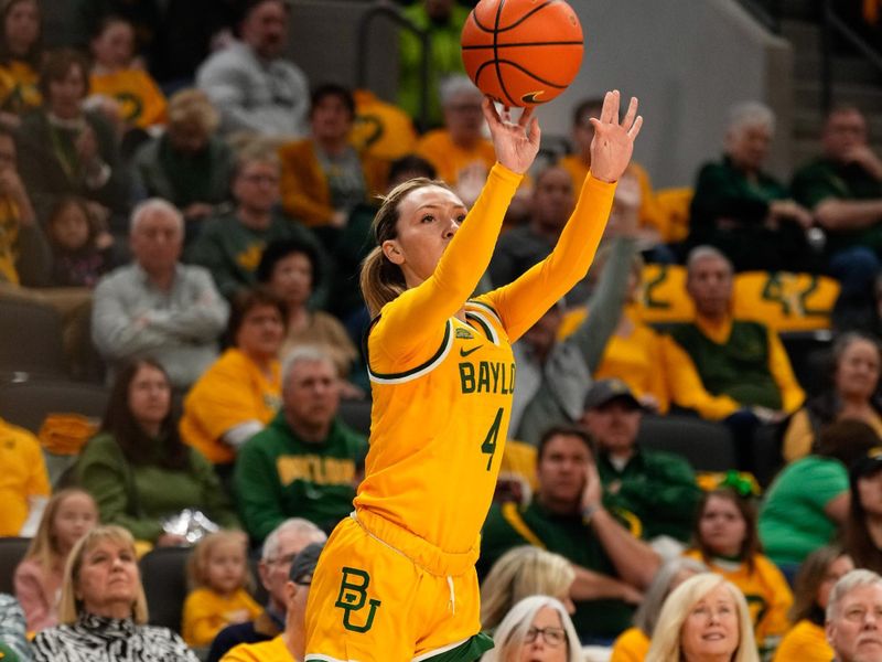 Feb 18, 2024; Waco, Texas, USA;  Baylor Lady Bears guard Jana Van Gytenbeek (4) scores a three point basket against the Texas Tech Red Raiders during the first half at Paul and Alejandra Foster Pavilion. Mandatory Credit: Chris Jones-USA TODAY Sports