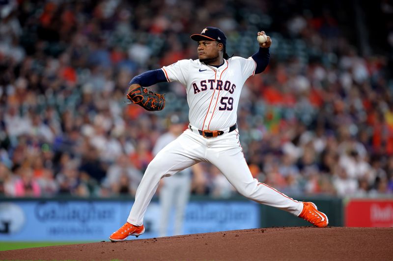 Aug 18, 2024; Houston, Texas, USA; Houston Astros starting pitcher Framber Valdez (59) delivers a pitch against the Chicago White Sox during the first inning at Minute Maid Park. Mandatory Credit: Erik Williams-USA TODAY Sports