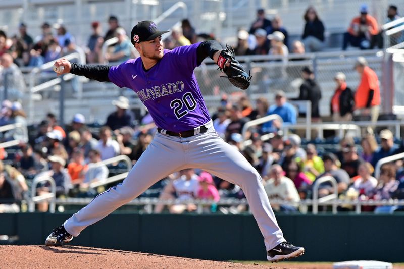 Mar 3, 2023; Scottsdale, Arizona, USA; Colorado Rockies starting pitcher Peter Lambert (20) throws in the first inning against the San Francisco Giants during a Spring Training game at Scottsdale Stadium. Mandatory Credit: Matt Kartozian-USA TODAY Sports