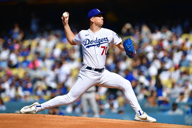 Jun 4, 2023; Los Angeles, California, USA; Los Angeles Dodgers starting pitcher Bobby Miller (70) throws against the New York Yankees during the first inning at Dodger Stadium. Mandatory Credit: Gary A. Vasquez-USA TODAY Sports