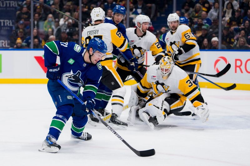 Feb 27, 2024; Vancouver, British Columbia, CAN; Vancouver Canucks forward Nils Hoglander (21) shoots against the Pittsburgh Penguins in the first period at Rogers Arena. Mandatory Credit: Bob Frid-USA TODAY Sports