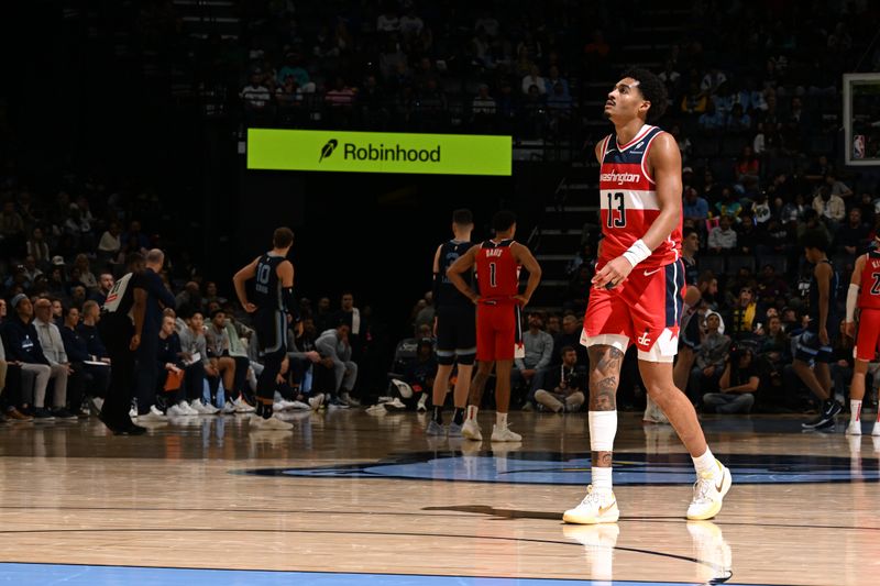 MEMPHIS, TN - NOVEMBER 8: Jordan Poole #13 of the Washington Wizards looks on during the game against the Memphis Grizzlies on November 8, 2024 at FedExForum in Memphis, Tennessee. NOTE TO USER: User expressly acknowledges and agrees that, by downloading and or using this photograph, User is consenting to the terms and conditions of the Getty Images License Agreement. Mandatory Copyright Notice: Copyright 2024 NBAE (Photo by Grant Burke/NBAE via Getty Images)