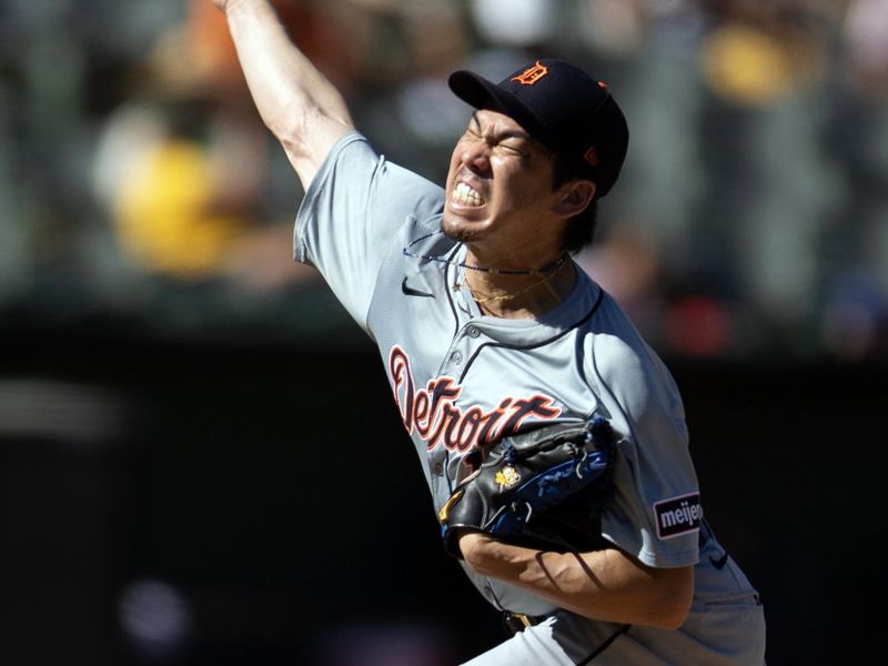 Sep 8, 2024; Oakland, California, USA; Detroit Tigers pitcher Kenta Maeda (18) delivers a pitch against the Oakland Athletics during the eighth inning at Oakland-Alameda County Coliseum. Mandatory Credit: D. Ross Cameron-Imagn Images