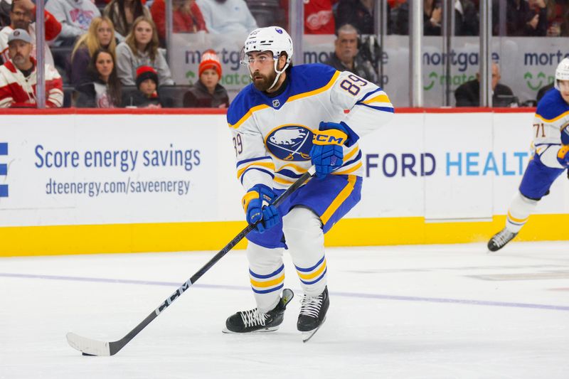 Nov 2, 2024; Detroit, Michigan, USA; Buffalo Sabres right wing Alex Tuch (89) handles the puck during the first period of the game against the Detroit Red Wings at Little Caesars Arena. Mandatory Credit: Brian Bradshaw Sevald-Imagn Images