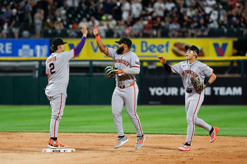 Jun 27, 2025; Chicago, Illinois, USA; San Francisco Giants players celebrate after defeating the Chicago White Sox in a baseball game at Rate Field. Mandatory Credit: Kamil Krzaczynski-Imagn Images