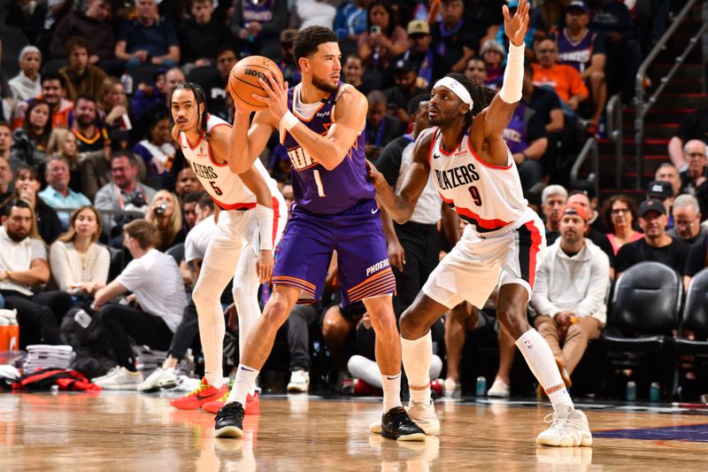 PHOENIX, AZ - NOVEMBER 2: Devin Booker #1 of the Phoenix Suns looks to pass the ball during the game against the Portland Trail Blazers on November 2, 2024 at Footprint Center in Phoenix, Arizona. NOTE TO USER: User expressly acknowledges and agrees that, by downloading and or using this photograph, user is consenting to the terms and conditions of the Getty Images License Agreement. Mandatory Copyright Notice: Copyright 2024 NBAE (Photo by Barry Gossage/NBAE via Getty Images)