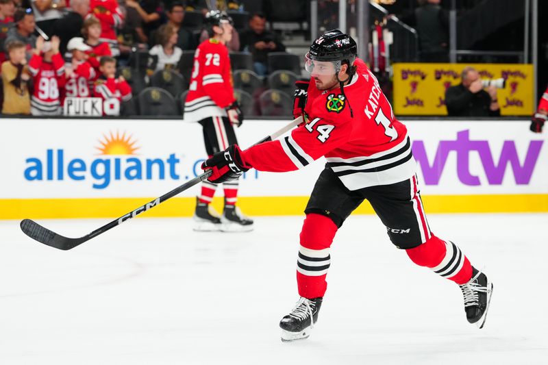 Oct 27, 2023; Las Vegas, Nevada, USA; Chicago Blackhawks left wing Boris Katchouk (14) warms up before a game against the Vegas Golden Knights at T-Mobile Arena. Mandatory Credit: Stephen R. Sylvanie-USA TODAY Sports