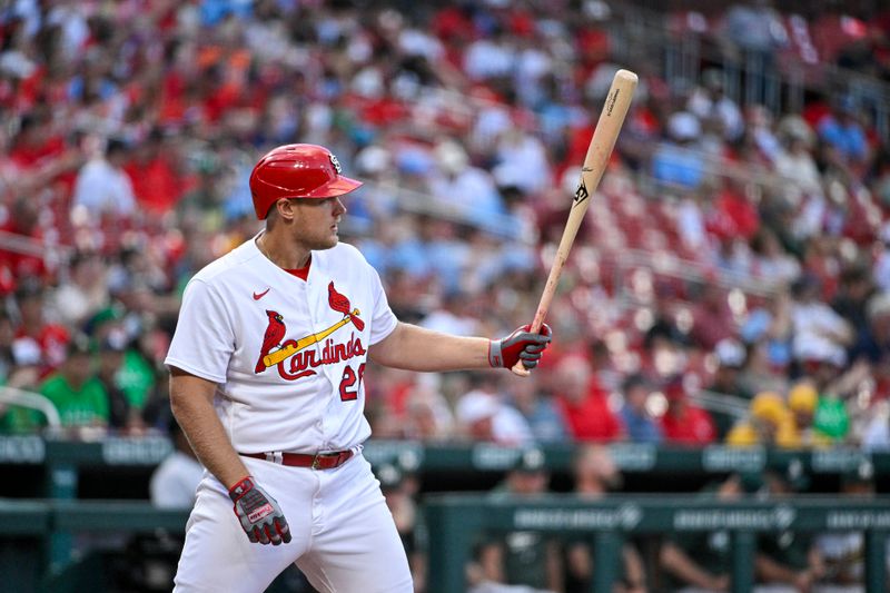 Aug 14, 2023; St. Louis, Missouri, USA;  St. Louis Cardinals designated hitter Luken Baker (26)  bats against the Oakland Athletics during the second inning at Busch Stadium. Mandatory Credit: Jeff Curry-USA TODAY Sports