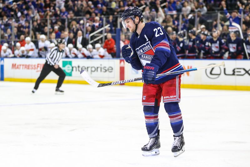 Mar 23, 2024; New York, New York, USA; New York Rangers defenseman Adam Fox (23) reacts after scoring a goal in the second period against the Florida Panthers at Madison Square Garden. Mandatory Credit: Wendell Cruz-USA TODAY Sports