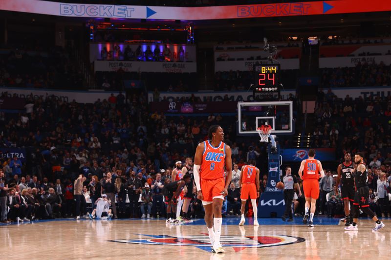 OKLAHOMA CITY, OK - MARCH 27:  Jalen Williams #8 of the Oklahoma City Thunder reacts during the game against the Houston Rockets on March 27, 2024 at Paycom Arena in Oklahoma City, Oklahoma. NOTE TO USER: User expressly acknowledges and agrees that, by downloading and or using this photograph, User is consenting to the terms and conditions of the Getty Images License Agreement. Mandatory Copyright Notice: Copyright 2024 NBAE (Photo by Zach Beeker/NBAE via Getty Images)