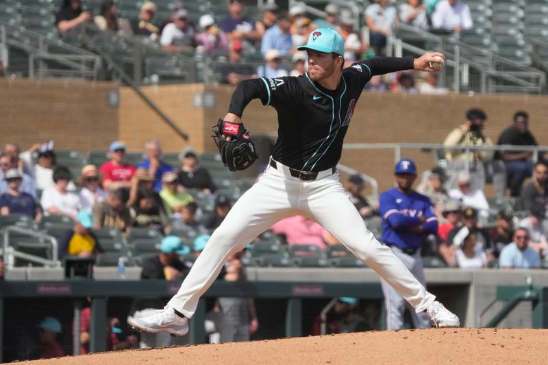 Feb 27, 2024; Salt River Pima-Maricopa, Arizona, USA; Arizona Diamondbacks pitcher Brandon Hughes (56) throws against the Texas Rangers during the second inning at Salt River Fields at Talking Stick. Mandatory Credit: Rick Scuteri-USA TODAY Sports