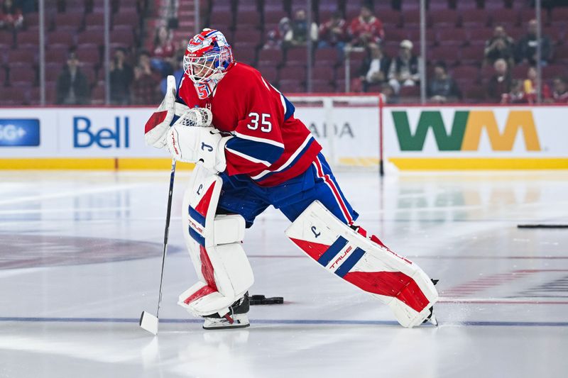 Nov 4, 2025; Montreal, Quebec, CAN; Montreal Canadiens goalie Sam Montembeault (35) skates on fresh ice during warm-up before the game against the Philadelphia Flyers at Bell Centre. Mandatory Credit: David Kirouac-Imagn Images