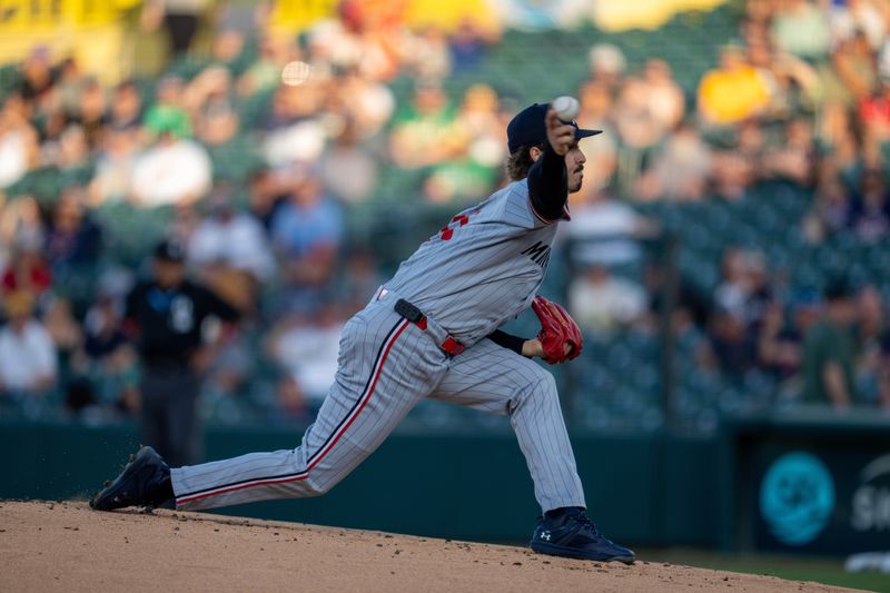 Jun 2, 2025; West Sacramento, California, USA; Minnesota Twins starting pitcher Joe Ryan (41) delivers a pitch against the Athletics during the first inning at Sutter Health Park. Mandatory Credit: Neville E. Guard-Imagn Images