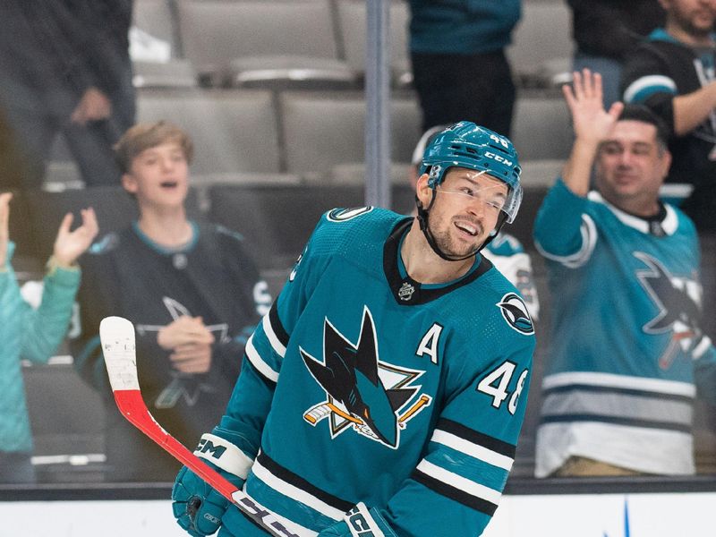 Nov 14, 2023; San Jose, California, USA; San Jose Sharks center Tomas Hertl (48) smiles after scoring a goal during the third period against the Florida Panthers at SAP Center at San Jose. Mandatory Credit: Stan Szeto-USA TODAY Sports