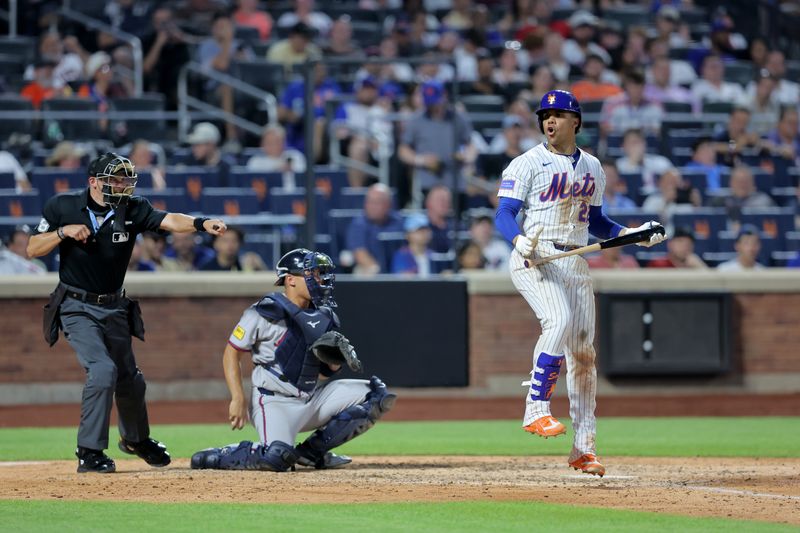 Jun 24, 2025; New York City, New York, USA; New York Mets right fielder Juan Soto (22) reacts after being called out on strikes by home plate umpire Adam Hamari (78) during the fifth inning against the Atlanta Braves at Citi Field. Mandatory Credit: Brad Penner-Imagn Images