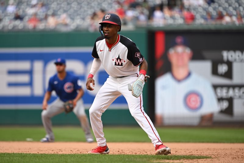 Sep 1, 2024; Washington, District of Columbia, USA; Washington Nationals second baseman Darren Baker (10) leads off first base during his Major League debut against the Chicago Cubs during the ninth inning at Nationals Park. Mandatory Credit: Rafael Suanes-USA TODAY Sports