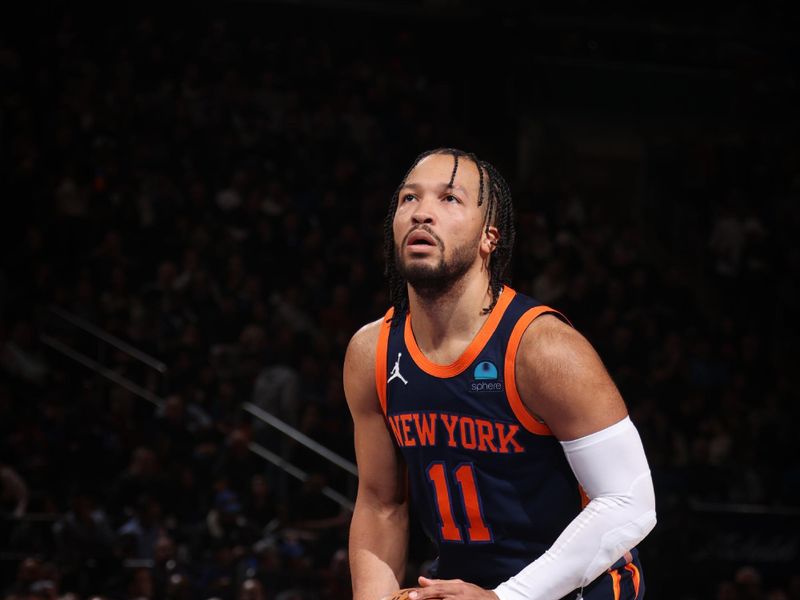 NEW YORK, NY - FEBRUARY 1: Jalen Brunson #11 of the New York Knicks shoots a free throw during the game against the Indiana Pacers on February 1, 2024 at Madison Square Garden in New York City, New York.  NOTE TO USER: User expressly acknowledges and agrees that, by downloading and or using this photograph, User is consenting to the terms and conditions of the Getty Images License Agreement. Mandatory Copyright Notice: Copyright 2024 NBAE  (Photo by Nathaniel S. Butler/NBAE via Getty Images)