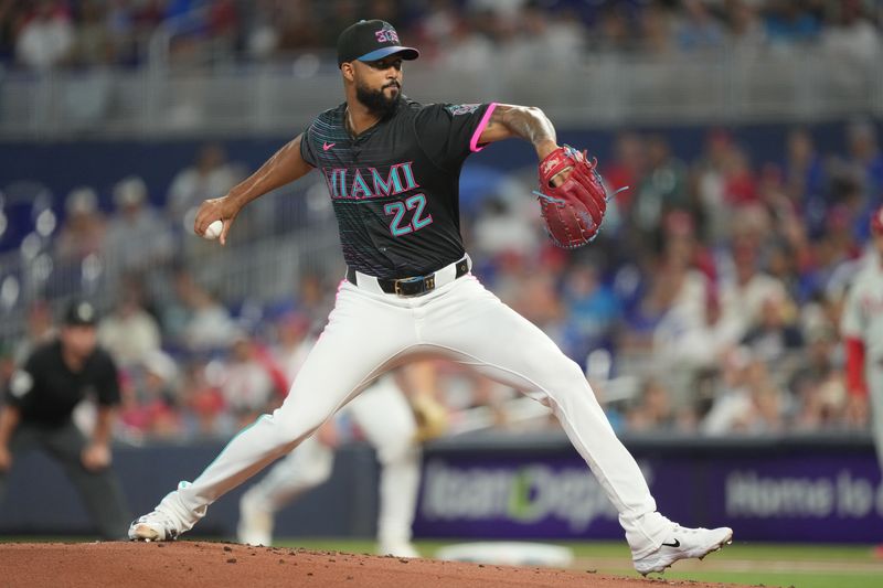 Sep 6, 2025; Miami, Florida, USA;  Miami Marlins pitcher Sandy Alcantara (22) pitches in the first inning against the Philadelphia Phillies at loanDepot Park. Mandatory Credit: Jim Rassol-Imagn Images