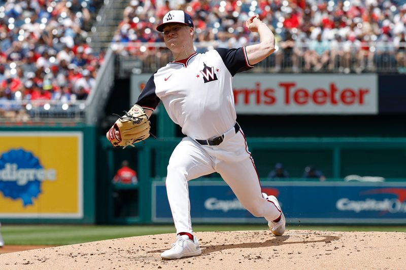 Jun 9, 2024; Washington, District of Columbia, USA; Washington Nationals starting pitcher DJ Herz (74) pitches against the Atlanta Braves during the second inning at Nationals Park. Mandatory Credit: Geoff Burke-USA TODAY Sports