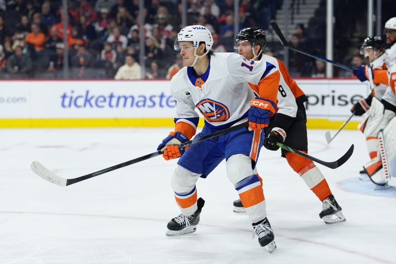 Jan 26, 2026; Philadelphia, Pennsylvania, USA; New York Islanders center Mathew Barzal (13) in action against the Philadelphia Flyers in the second period at Xfinity Mobile Arena. Mandatory Credit: Kyle Ross-Imagn Images