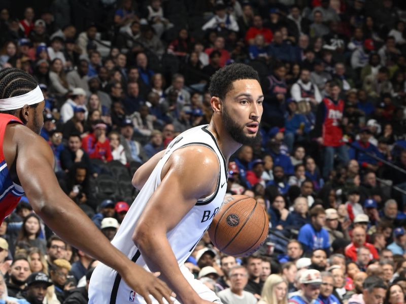 PHILADELPHIA, PA - NOVEMBER 22: Ben Simmons #10 of the Brooklyn Nets dribbles the ball during the game against the Philadelphia 76ers during the Emirates NBA Cup game on November 22, 2024 at the Wells Fargo Center in Philadelphia, Pennsylvania NOTE TO USER: User expressly acknowledges and agrees that, by downloading and/or using this Photograph, user is consenting to the terms and conditions of the Getty Images License Agreement. Mandatory Copyright Notice: Copyright 2024 NBAE (Photo by David Dow/NBAE via Getty Images)