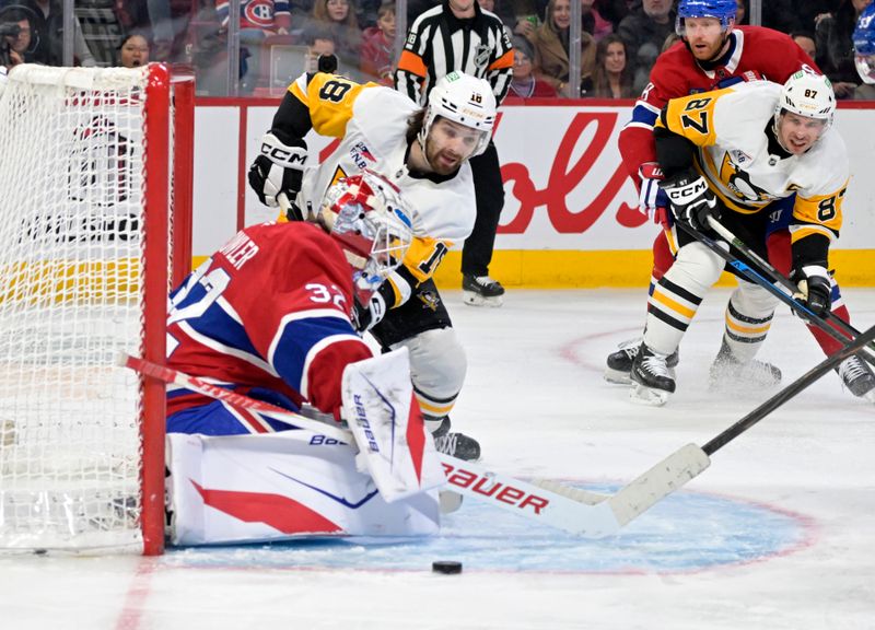 Dec 20, 2025; Montreal, Quebec, CAN; Montreal Canadiens goalie Jacob Fowler (32) stops Pittsburgh Penguins forward Tommy Novak (18) and teammate forward Sidney Crosby (87) during the first period at the Bell Centre. Mandatory Credit: Eric Bolte-Imagn Images