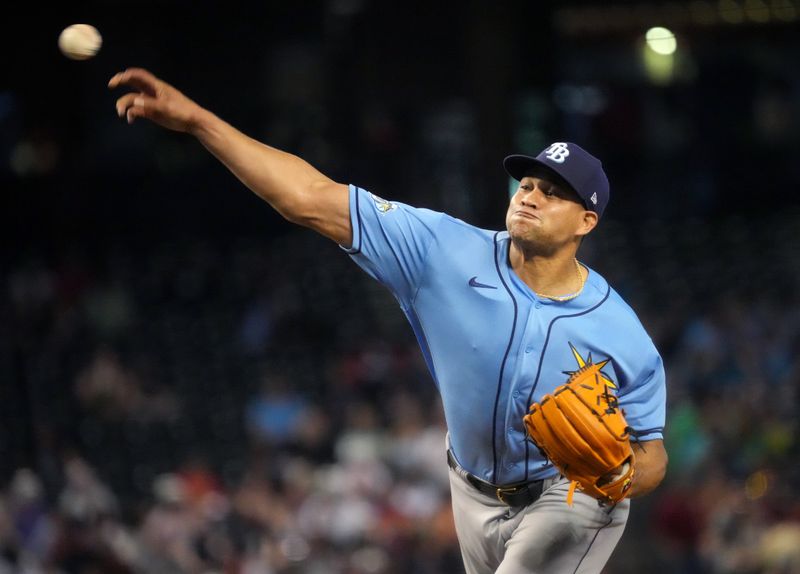 Jun 29, 2023; Phoenix, Arizona, USA; Tampa Bay Rays relief pitcher Yonny Chirinos (72) pitches against the Arizona Diamondbacks at Chase Field. Mandatory Credit: Joe Rondone-USA TODAY Sports