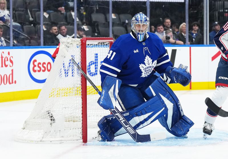Apr 5, 2025; Toronto, Ontario, CAN; Toronto Maple Leafs goaltender Anthony Stolarz (41) follows the play against the Columbus Blue Jackets during the second period at Scotiabank Arena. Mandatory Credit: Nick Turchiaro-Imagn Images