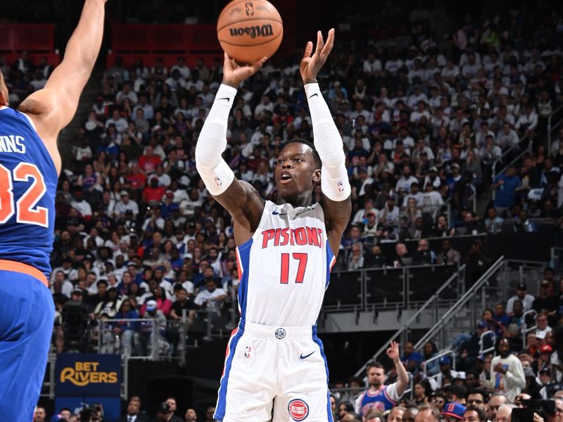 DETROIT, MI - APRIL 24:   Dennis Schroder #17 of the Detroit Pistons shoots a three point basket during the game against the New York Knicks during Round 1 Game 3 of the 2025 NBA Playoffs on April 24, 2025 at Little Caesars Arena in Detroit, Michigan. NOTE TO USER: User expressly acknowledges and agrees that, by downloading and/or using this photograph, User is consenting to the terms and conditions of the Getty Images License Agreement. Mandatory Copyright Notice: Copyright 2025 NBAE (Photo by Chris Schwegler/NBAE via Getty Images)