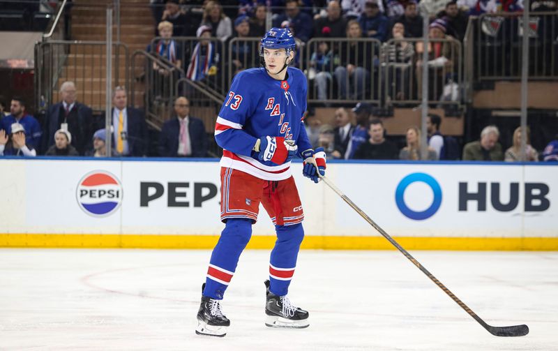 Jan 18, 2025; New York, New York, USA; New York Rangers center Matt Rempe (73) skates against the Columbus Blue Jackets during the first period at Madison Square Garden. Mandatory Credit: Danny Wild-Imagn Images