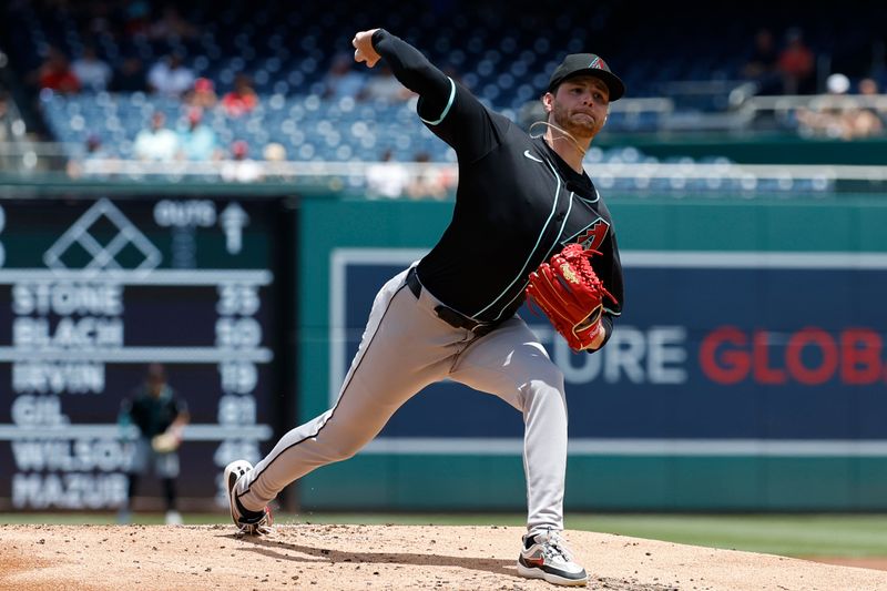 Jun 20, 2024; Washington, District of Columbia, USA; Arizona Diamondbacks starting pitcher Ryne Nelson (19) pitches against the Washington Nationals during the first inning at Nationals Park. Mandatory Credit: Geoff Burke-USA TODAY Sports