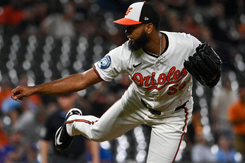 Jul 30, 2024; Baltimore, Maryland, USA;  Baltimore Orioles pitcher Seranthony Domínguez (56) throws a ninth inning pitch against the Toronto Blue Jays at Oriole Park at Camden Yards. Mandatory Credit: Tommy Gilligan-USA TODAY Sports