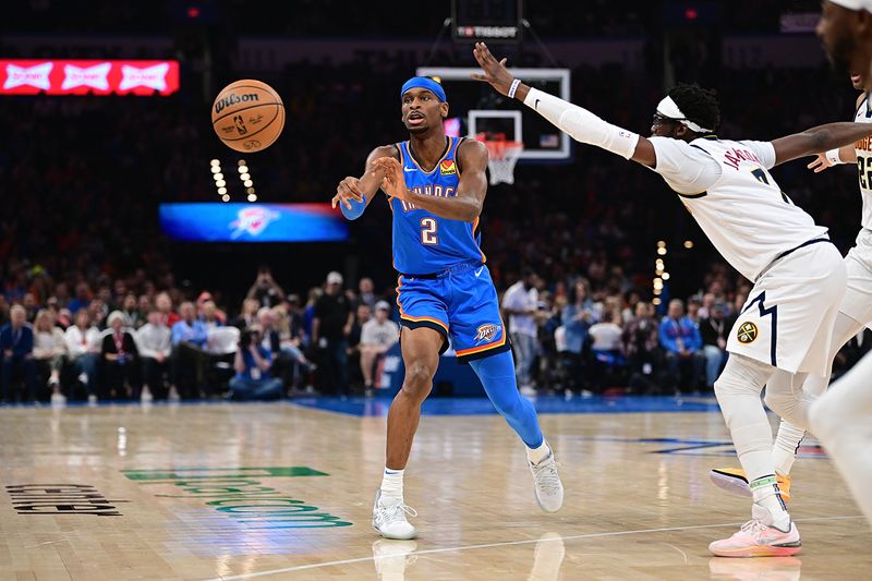 OKLAHOMA CITY, OKLAHOMA - JANUARY 31: Shai Gilgeous-Alexander #2 of the Oklahoma City Thunder passes the ball during the first half against the Denver Nuggets at Paycom Center on January 31, 2024 in Oklahoma City, Oklahoma. NOTE TO USER: User expressly acknowledges and agrees that, by downloading and or using this Photograph, user is consenting to the terms and conditions of the Getty Images License Agreement. (Photo by Joshua Gateley/Getty Images)