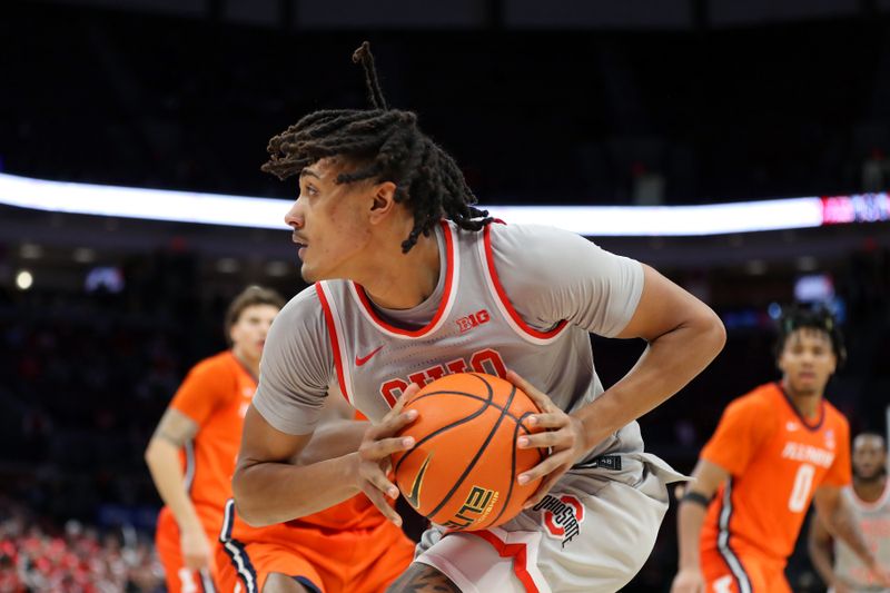 Jan 30, 2024; Columbus, Ohio, USA; Ohio State Buckeyes forward Devin Royal (21) looks to score during the second half against the Illinois Fighting Illini at Value City Arena. Mandatory Credit: Joseph Maiorana-USA TODAY Sports