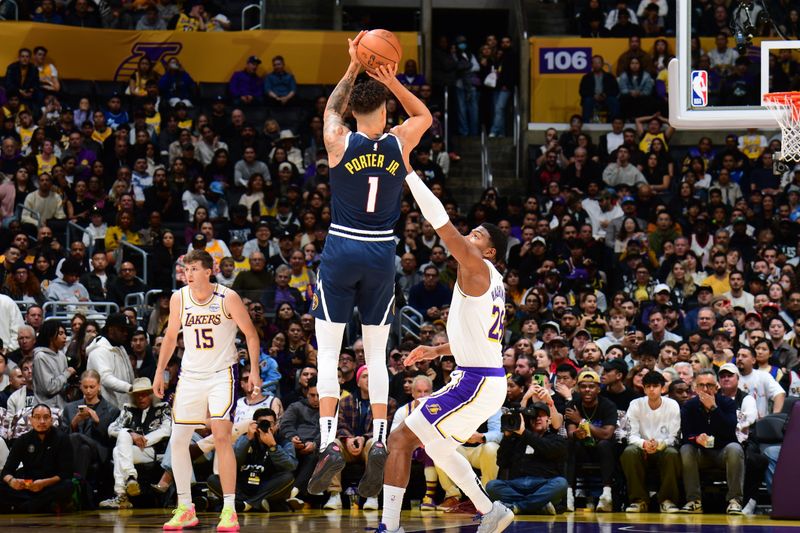 LOS ANGELES, CA - NOVEMBER 23: Michael Porter Jr. #1 of the Denver Nuggets shoots the ball during the game against the Los Angeles Lakers on November 23, 2024 at Crypto.Com Arena in Los Angeles, California. NOTE TO USER: User expressly acknowledges and agrees that, by downloading and/or using this Photograph, user is consenting to the terms and conditions of the Getty Images License Agreement. Mandatory Copyright Notice: Copyright 2024 NBAE (Photo by Adam Pantozzi/NBAE via Getty Images)