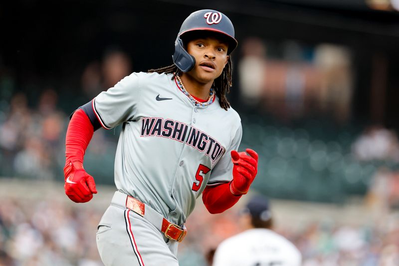 Jun 12, 2024; Detroit, Michigan, USA;  Washington Nationals shortstop CJ Abrams (5) runs the bases after he hits a home run in the third inning against the Detroit Tigers at Comerica Park. Mandatory Credit: Rick Osentoski-USA TODAY Sports