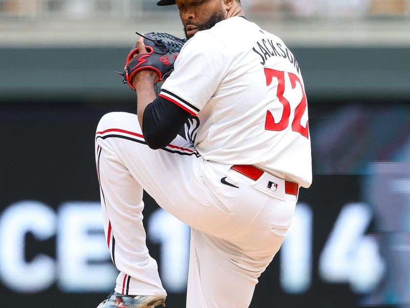 May 16, 2024; Minneapolis, Minnesota, USA; Minnesota Twins relief pitcher Jay Jackson (32) delivers a pitch against the New York Yankees during the ninth inning at Target Field. Mandatory Credit: Matt Krohn-USA TODAY Sports