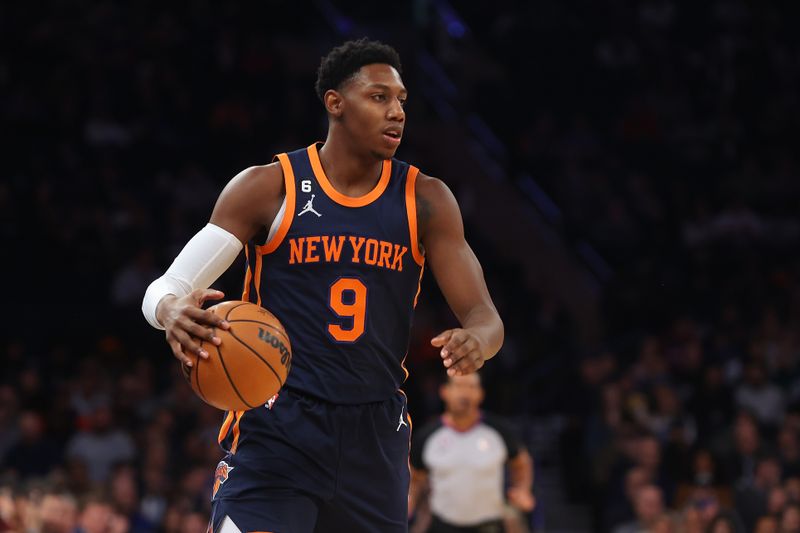 NEW YORK, NEW YORK - NOVEMBER 30: RJ Barrett #9 of the New York Knicks in action against the Milwaukee Bucks at Madison Square Garden on November 30, 2022 in New York City. NOTE TO USER: User expressly acknowledges and agrees that, by downloading and or using this Photograph, user is consenting to the terms and conditions of the Getty Images License Agreement. Milwaukee Bucks defeated the New York Knicks 109-103. (Photo by Mike Stobe/Getty Images)