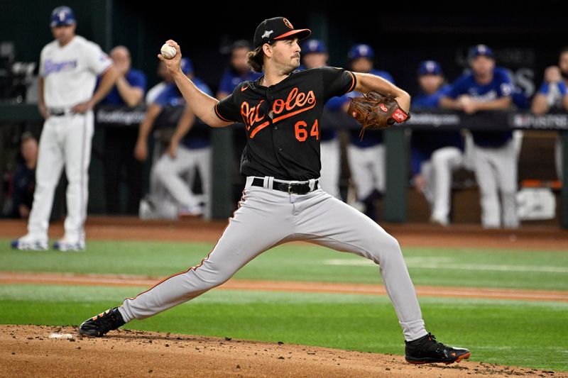 Oct 10, 2023; Arlington, Texas, USA; Baltimore Orioles starting pitcher Dean Kremer (64) pitches against the Texas Rangers in the first inning during game three of the ALDS for the 2023 MLB playoffs at Globe Life Field. Mandatory Credit: Jerome Miron-USA TODAY Sports