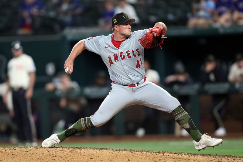 May 17, 2024; Arlington, Texas, USA; Los Angeles Angels pitcher Carson Fulmer (41) throws a pitch in the ninth inning against the Texas Rangers at Globe Life Field. Mandatory Credit: Tim Heitman-USA TODAY Sports