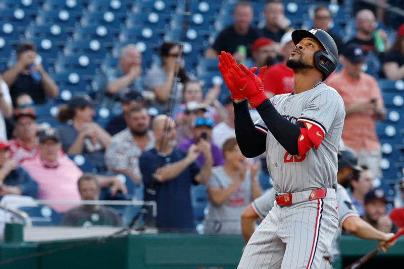 May 21, 2024; Washington, District of Columbia, USA; Minnesota Twins outfielder Byron Buxton (25) gestures while crossing home plate after hitting a home run against the Washington Nationals during the second inning at Nationals Park. Mandatory Credit: Geoff Burke-USA TODAY Sports